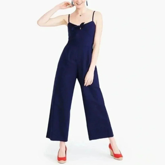 J. Crew Navy Linen Front Tie Jumpsuit - Picture 1 of 14